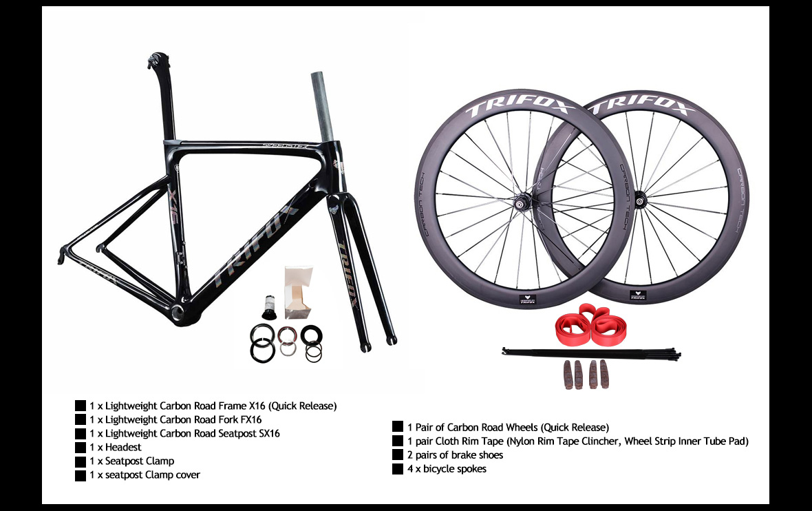 The Package Content of Lightweight Carbon Road Bike Frameset X16 with Road Wheelset RW100QR