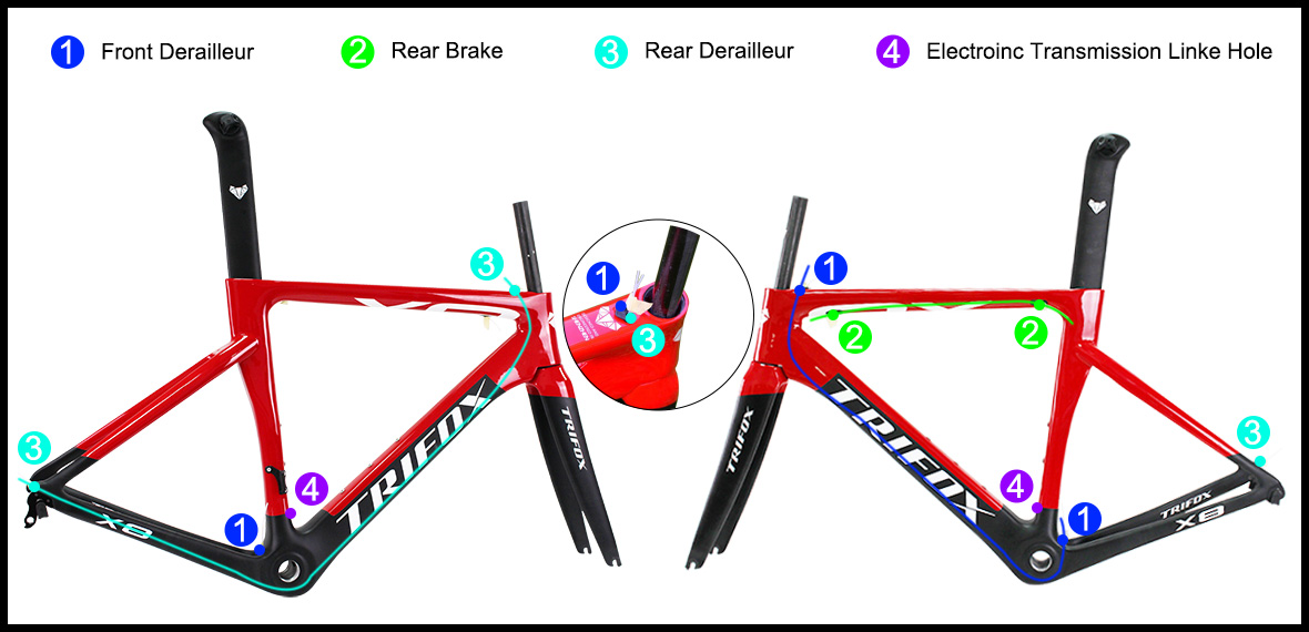 carbon Road bike frameset X8QR Internal cable routing diagram