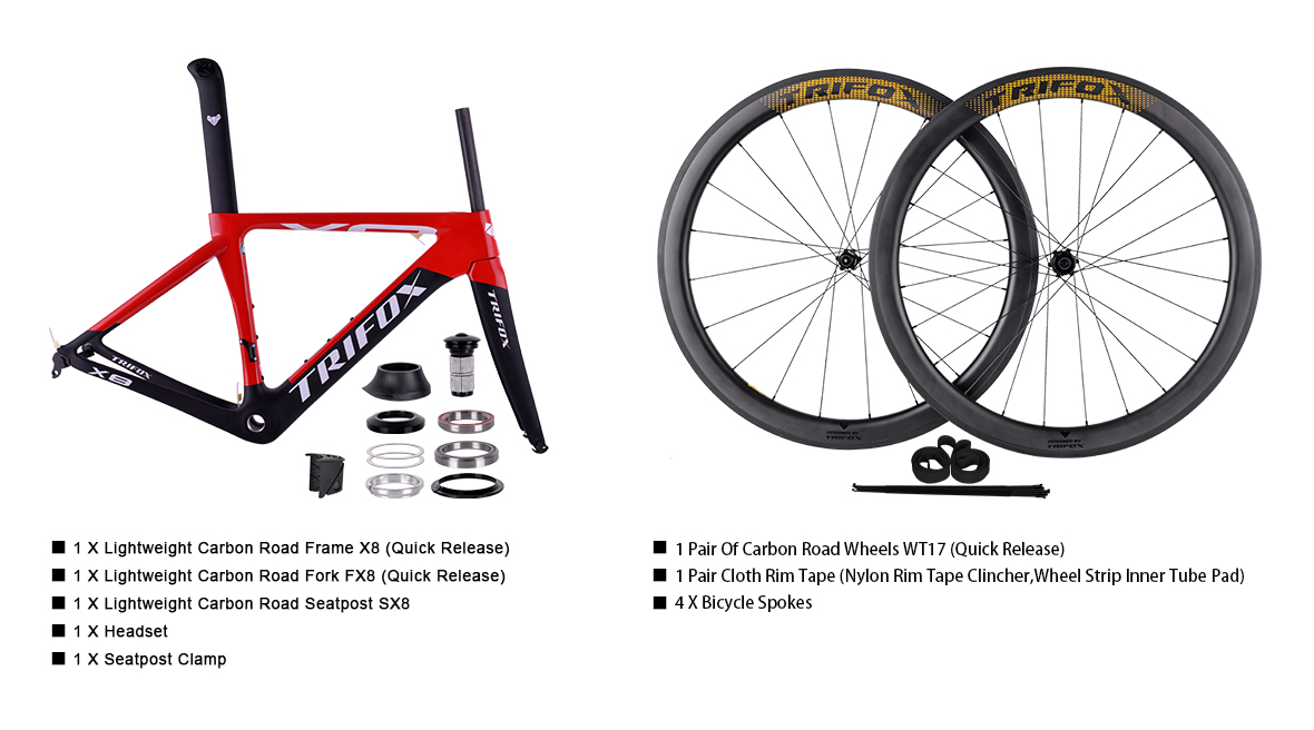 The Package Content of Lightweight Carbon Road Bike Frameset X8QR with Road Wheelset WT17