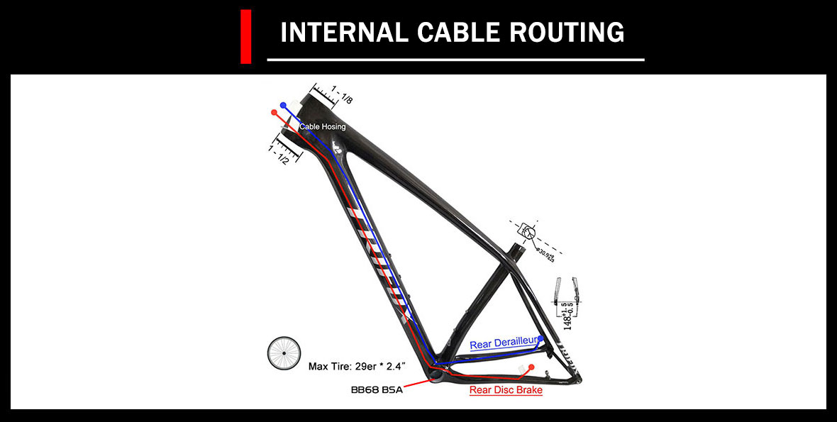 Trifox Cable Fiber 29er lightweight Mountain Bike Hardtail Boost Frameset SDY20 Cable Routing