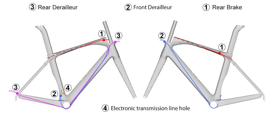 700C Carbon Road Bike Frame X12 Internal cable routing diagram