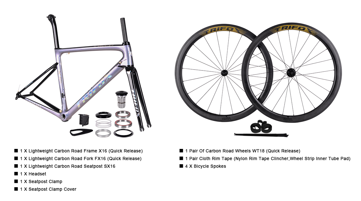 The Package Content of Lightweight Carbon Road Bike Frameset X16 with Road Wheelset WT18