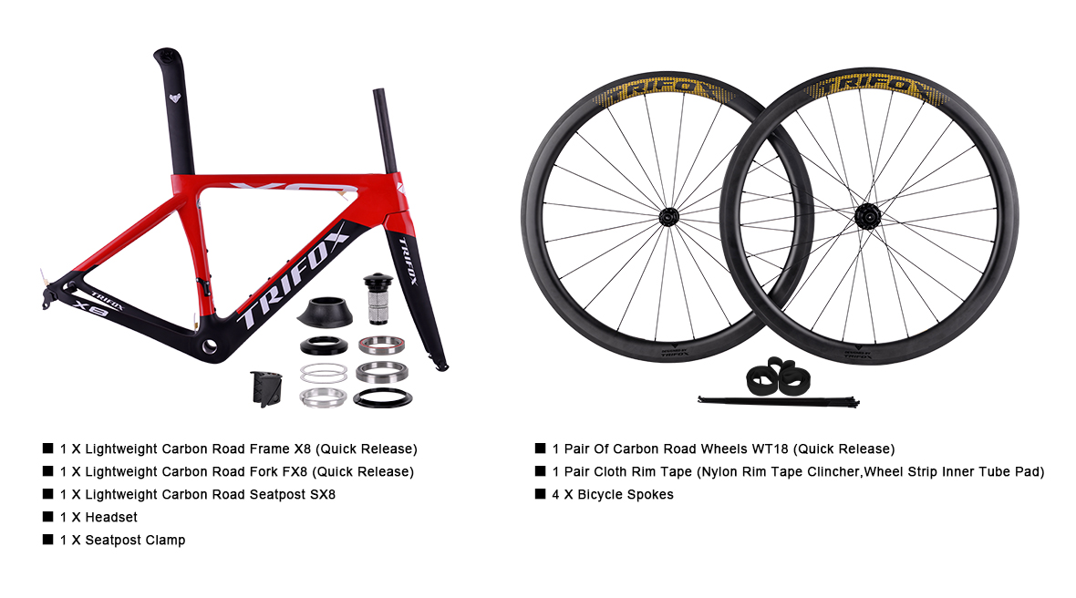 The Package Content of Lightweight Carbon Road Bike Frameset X8QR with Road Wheelset WT18